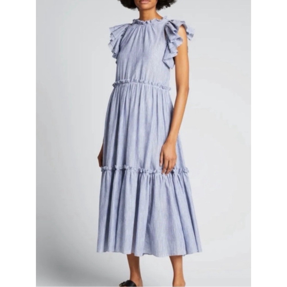 Cinq A Sept Blue White Striped Chambray Ruffle Tiered Dress 6 Cottage Romantic